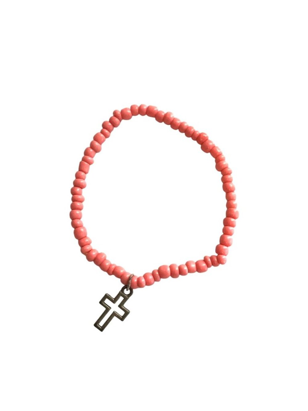 PINK BEADED ELASTIC BRACELET WITH CROSS CHARM